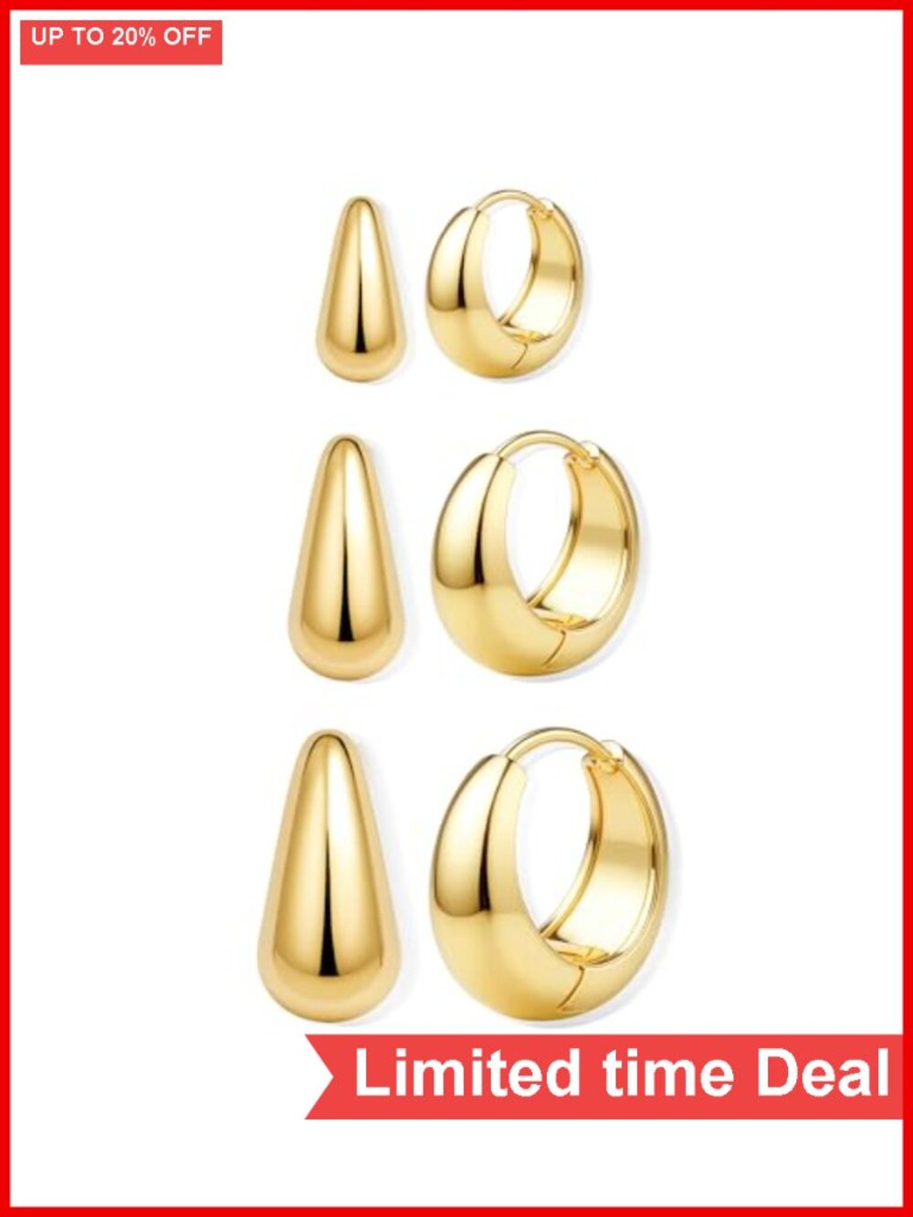 14K Gold Plated Hoop Earrings Set for Women - 3 Pairs Small Chunky Huggie